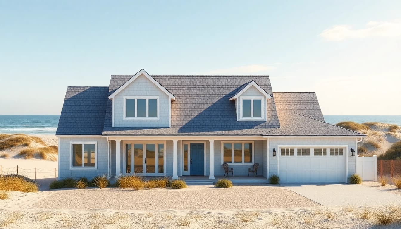Modern cape cod home addition with attached garage set in a serene coastal environment.