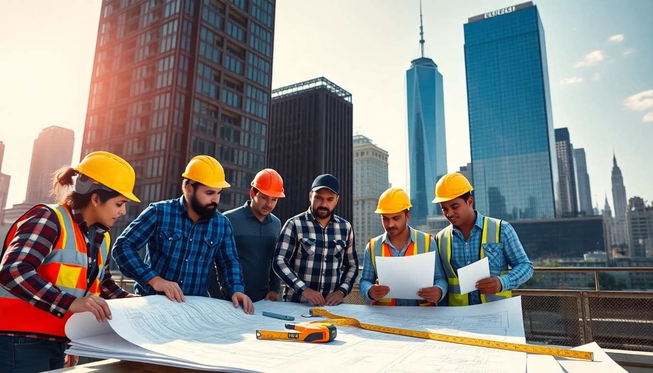 Skilled New York City General Contractor team collaborating on a construction project outdoors.