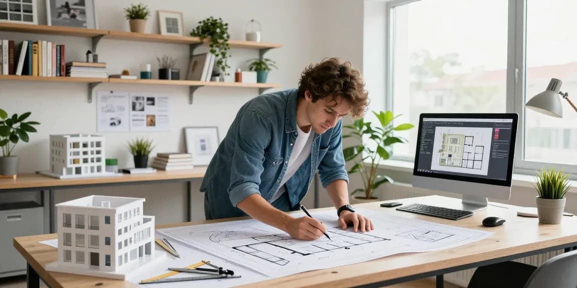 Creative design workspace at https://rokok88.net with architect sketching vibrant floor plans and surrounded by inspiration.