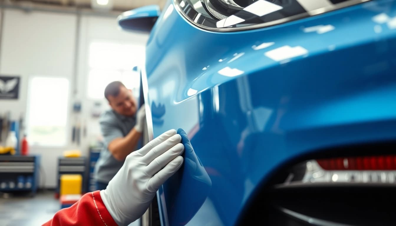 Repairing scuff marks with ScuffDoc products in a bright vehicle workshop.
