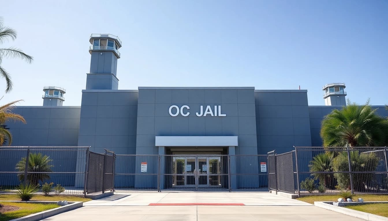 Explore the structured landscape of OC Jail, highlighting its secure entrance and imposing architecture.