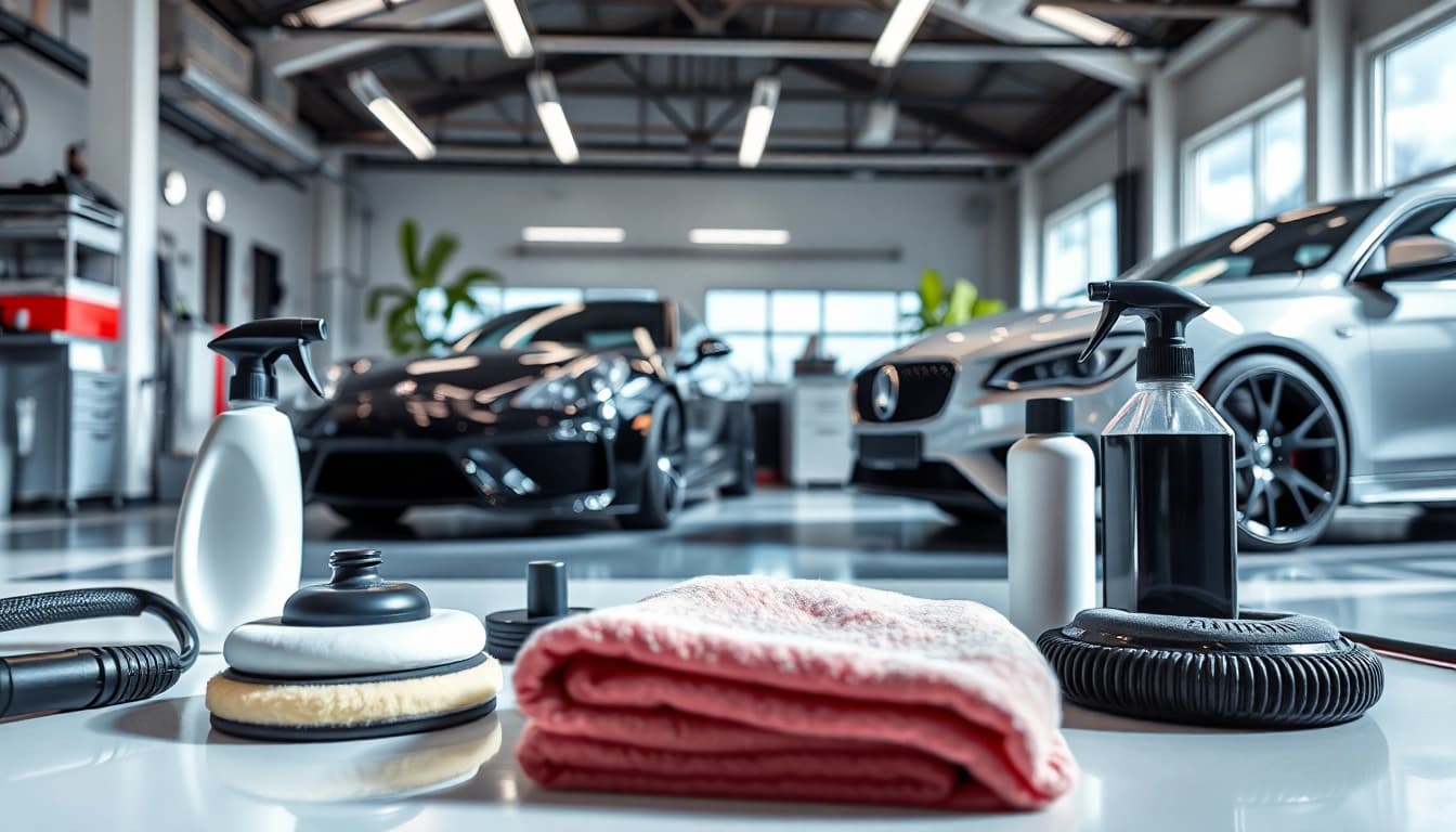 Car detailing near me with professional tools in a well-lit garage environment.
