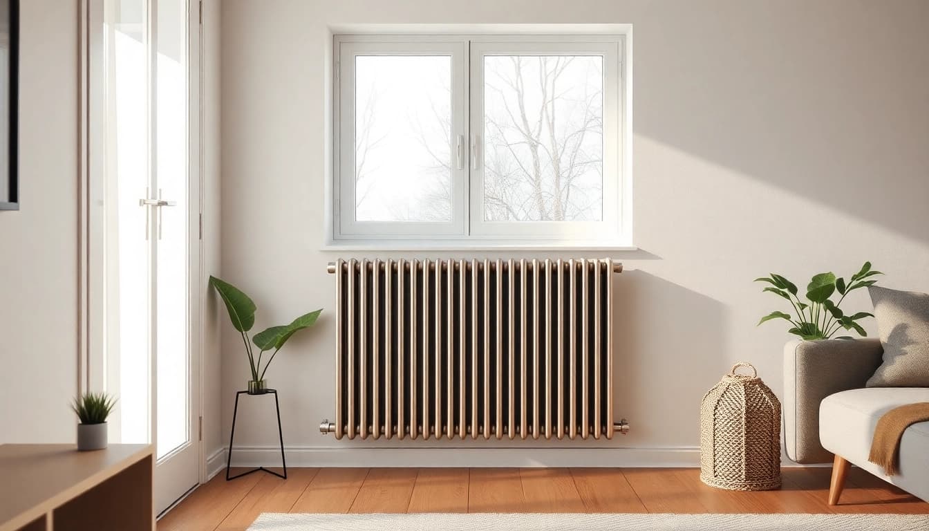 heizkörper elegant und modern in einem hellen Wohnraum mit Fenster und Pflanzen