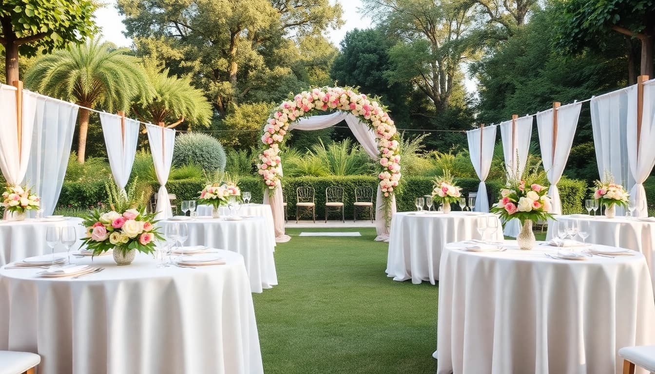 Elegant outdoor wedding setup showcasing stunning Wedding & Event Rentals with floral decor and refined tableware.