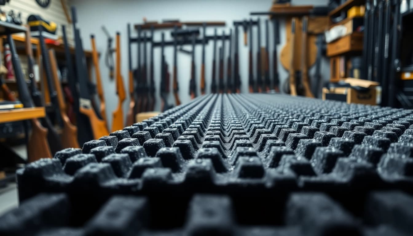 Showcasing foam for rifle case with precision cut and design features in a workshop setting.