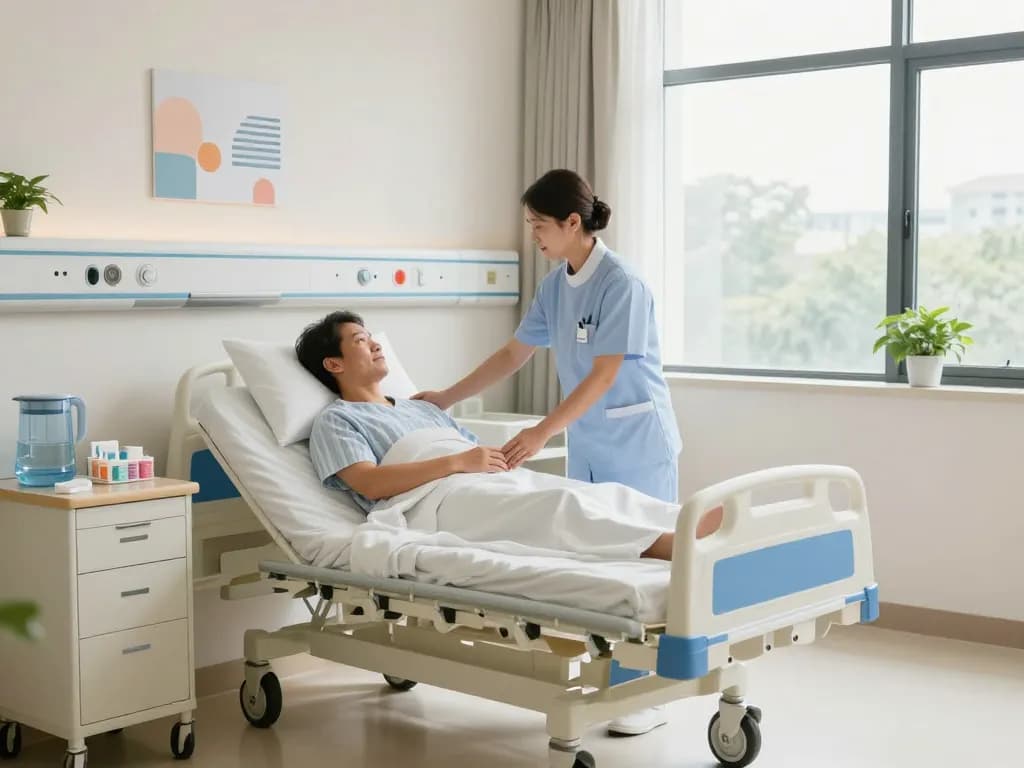 giường bệnh nhân in a modern hospital room with nurse adjusting the bed for patient comfort