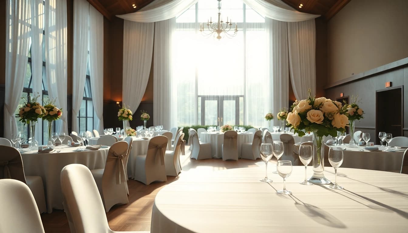 Stowe Venue Hire showcasing an elegant banquet setup in a beautifully decorated hall.
