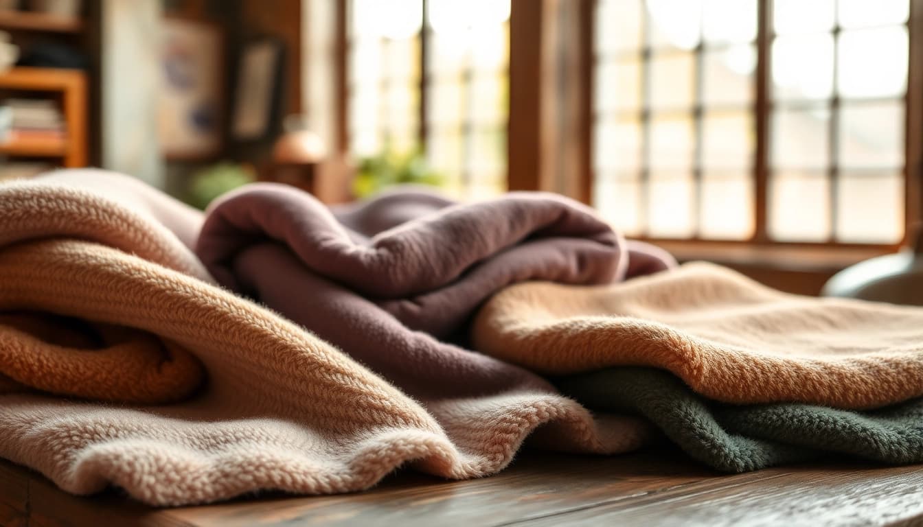 Fleece materialen in diverse kleuren en texturen op een houten tafel.