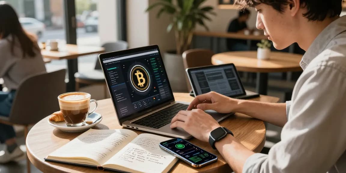 Beginner cloud mining platform exploration scene in a coffee shop with blockchain research elements, laptop, tablet, and notes.