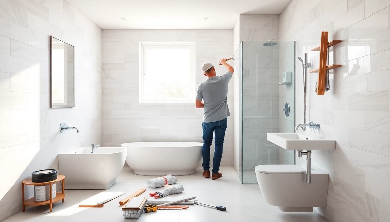 Talented bathroom builders collaborating on a stylish renovation project with modern fixtures.