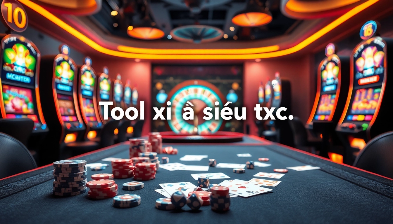 Engage with Tool xổ số siêu tốc at a vibrant casino scene featuring poker chips and illuminated slot machines.