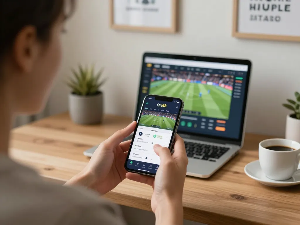 Engaging in a sports betting strategy using the QQ88 app on smartphone in a cozy home setting