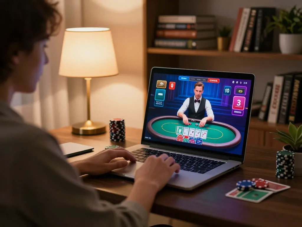 Experience thrilling online poker gameplay at EV 99 in a stylish home office setup