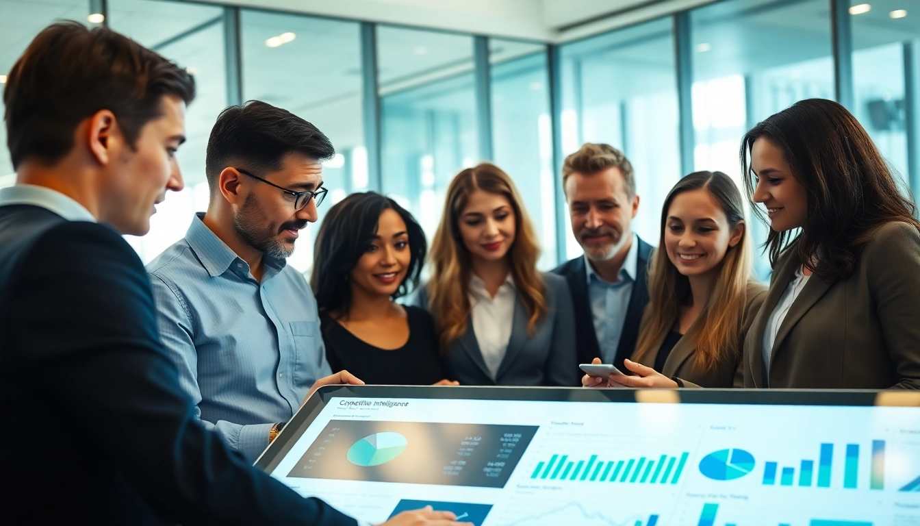 Analyze b2b competitive intelligence with a diverse team in a bright, modern office setting.