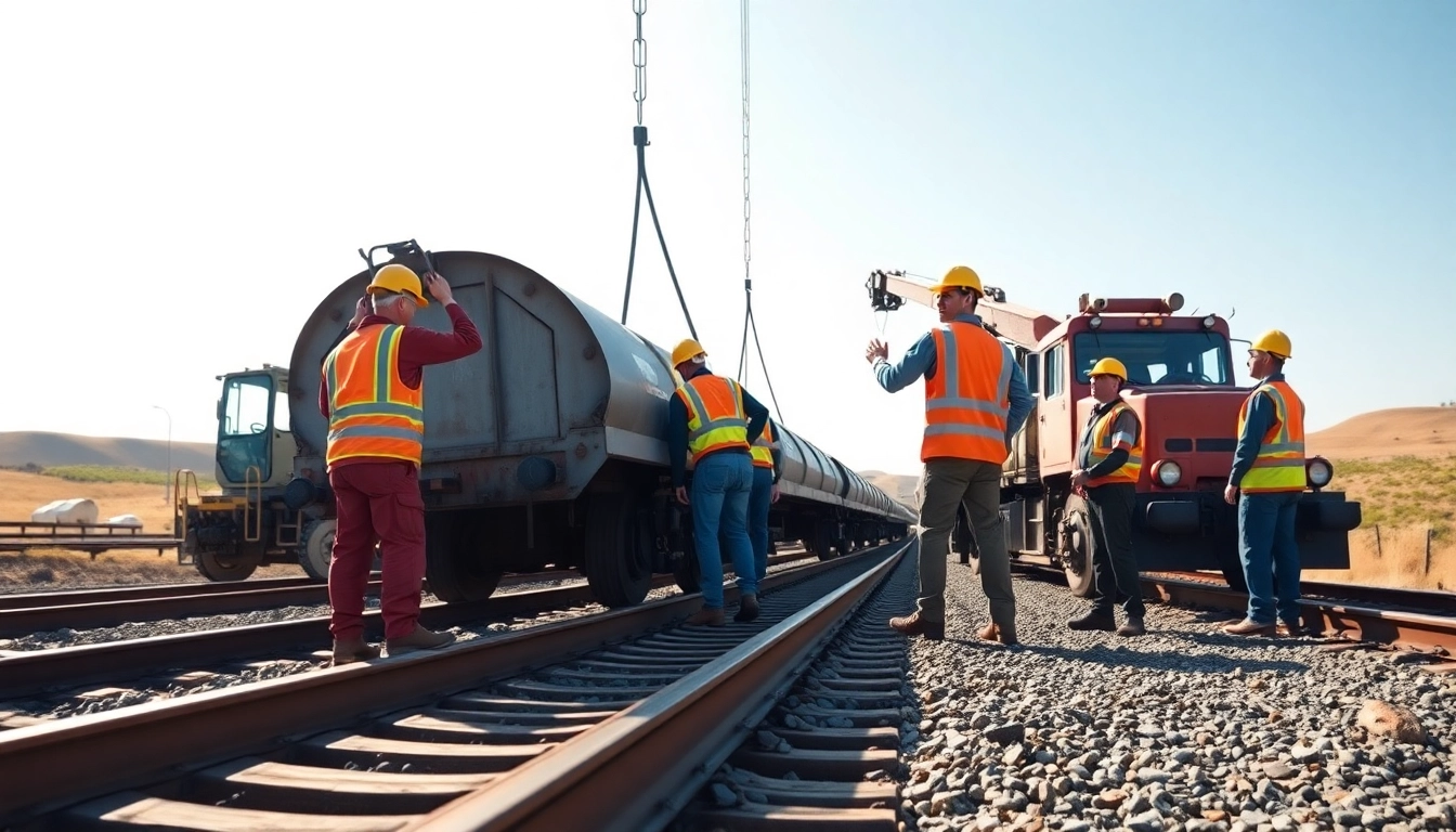 Team performing derailment repairs on railway tracks, showcasing expertise and urgency.