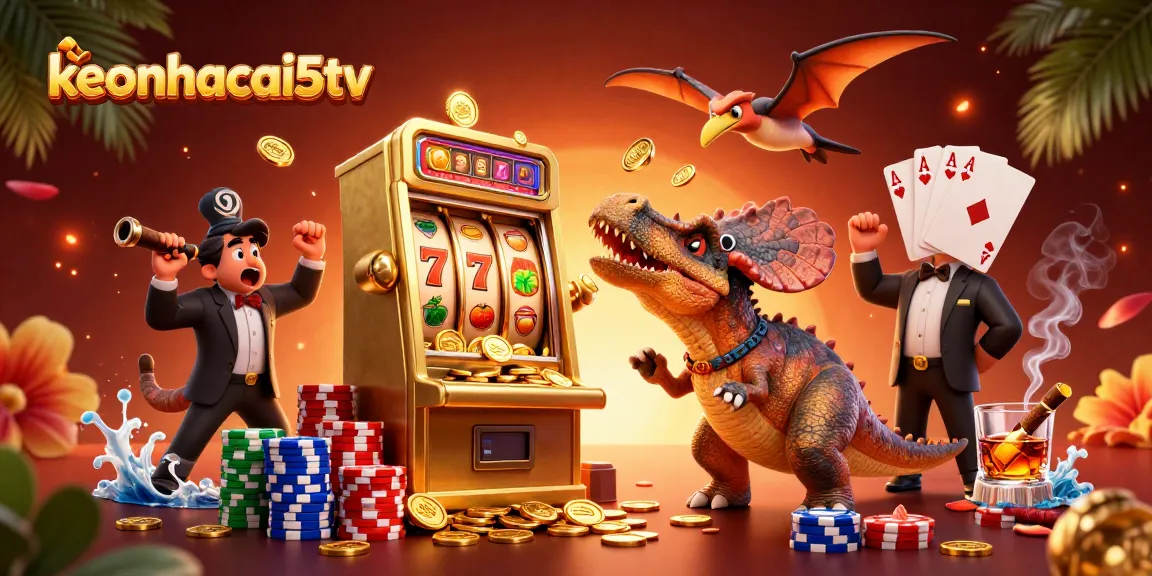 Engage in the excitement of keonhacai5tv as a cartoon dinosaur wins a jackpot on a slot machine.