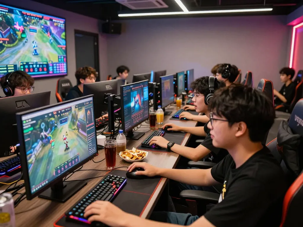 Exciting gaming enthusiasts betting on nổ hũ hubet88 in a vibrant esports lounge.