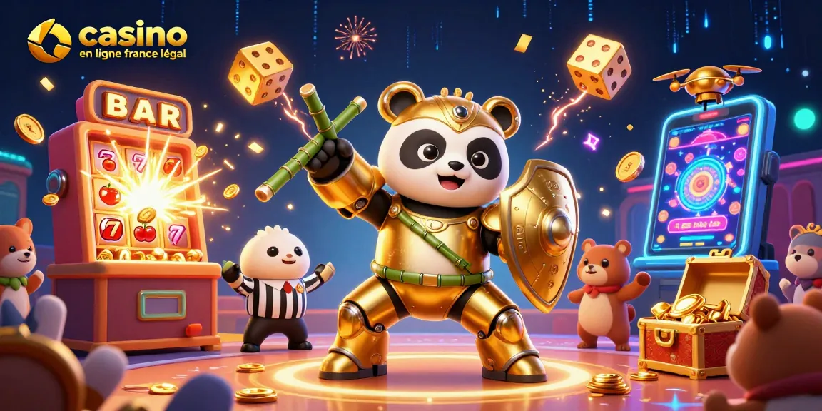 Profitez de l'énergie du casino en ligne français légal avec un panda doré en robot de combat.