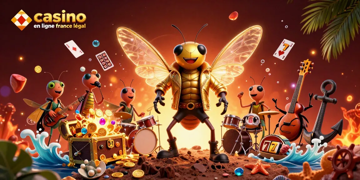 Jouez à un casino en ligne légal en France avec cette illustration dynamique de rock stars et de trésors.