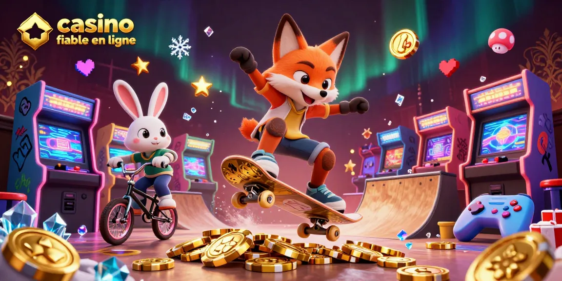 Découvrez les jeux de casino fiables en ligne avec une illustration captivante d'un renard faisant du skateboard.