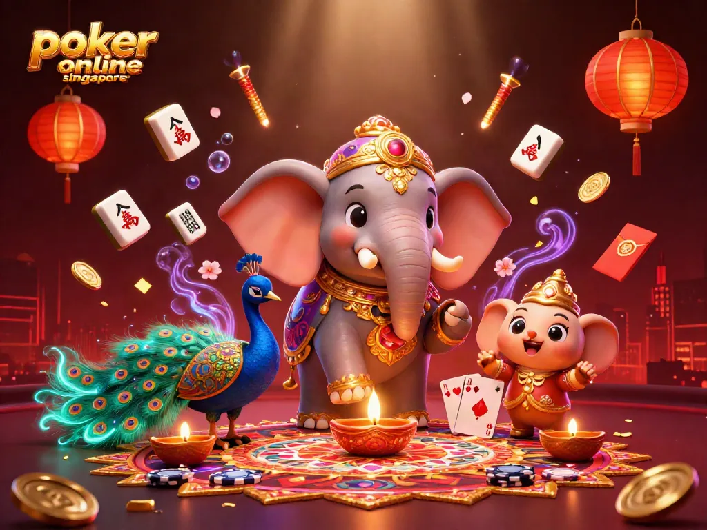 Engage in poker online Singapore with exciting visuals of a cartoon elephant and peacock.