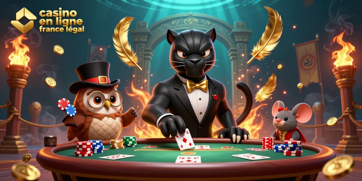 Illustration de casino en ligne France légal avec un panthère élégant et des éléments de poker.