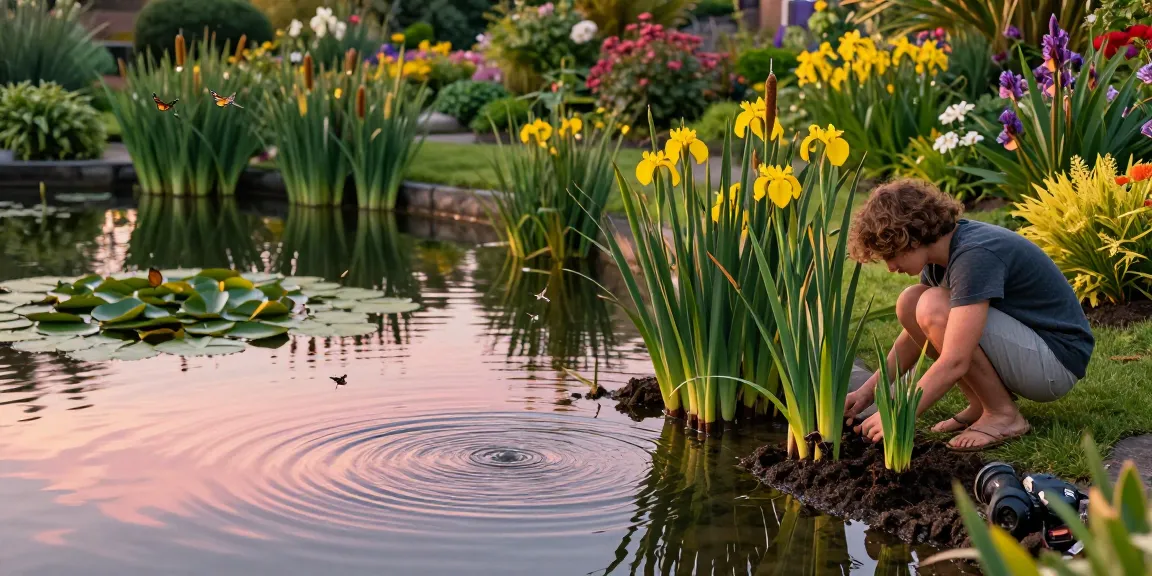Planting marginal pond plants by tranquil water, featuring cattails and yellow flag irises, showcasing garden harmony.