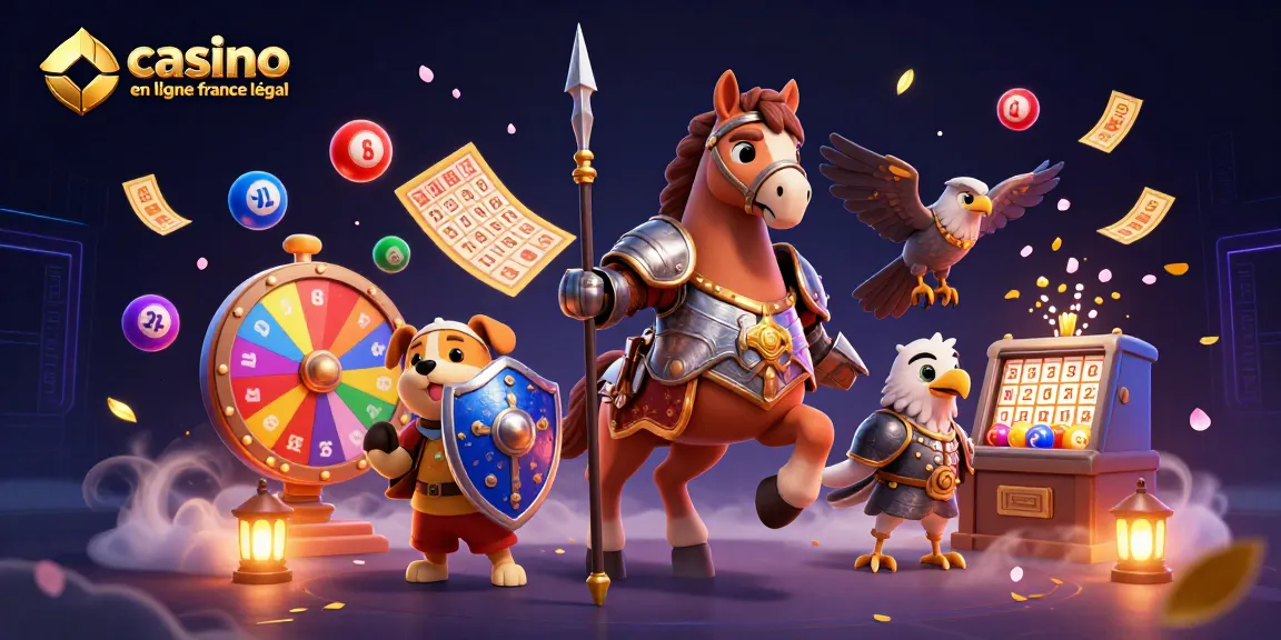 Illustration dynamique de casino en ligne France légal, avec un chevalier, un chiot et un faucon au milieu d'une loterie colorée.