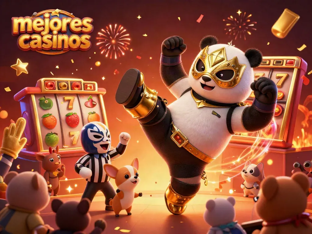 Los mejores casinos muestran un panda luchador volador mientras los espectadores celebran con símbolos de frutas y jackpot.