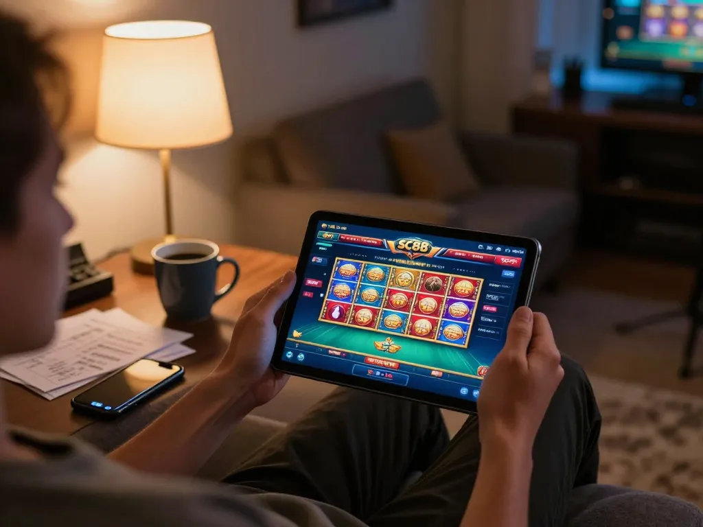 Player enjoying SC88 online gaming on tablet in cozy living room setting, focusing on interactive casino experience.
