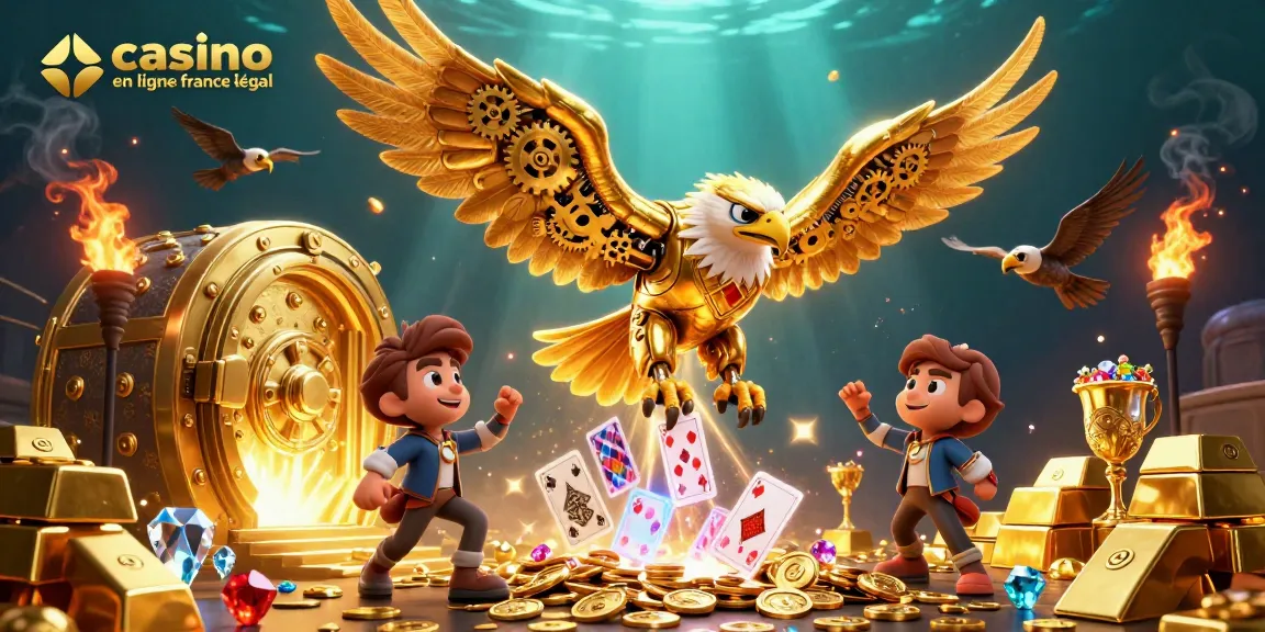 Image illustrant le casino en ligne légal en France avec un aigle cybernétique doré plongé dans des cartes de jeu.