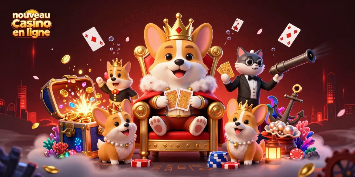 Illustration dynamique d'un nouveau casino en ligne avec un corgi royal et des éléments de jeu captivants.