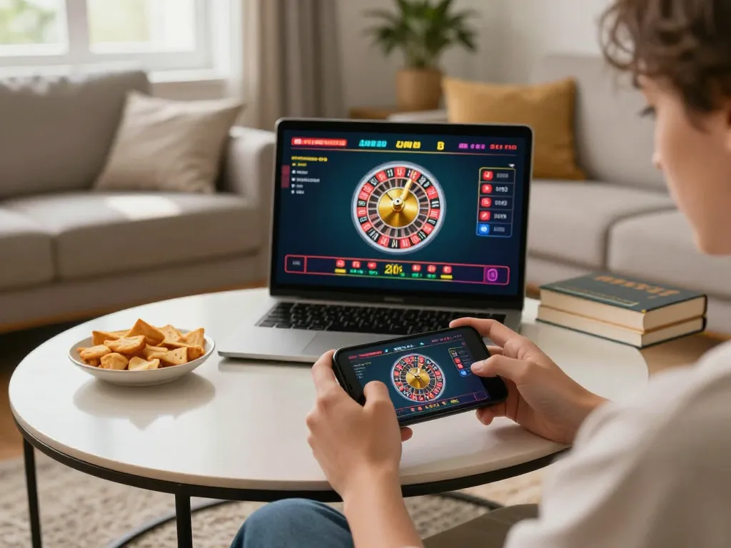 Engaging moment of a player enjoying fly88 live dealer roulette on a smartphone in a cozy living room.