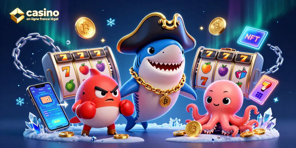 Jouer au casino en ligne en France légal avec des personnages d'animation, des pièces de crypto et des éléments de jeux.