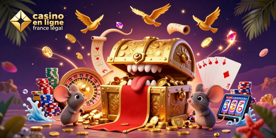 Illustration dynamique représentant un casino en ligne légal en France avec un coffre au trésor attractif et des éléments de jeu.