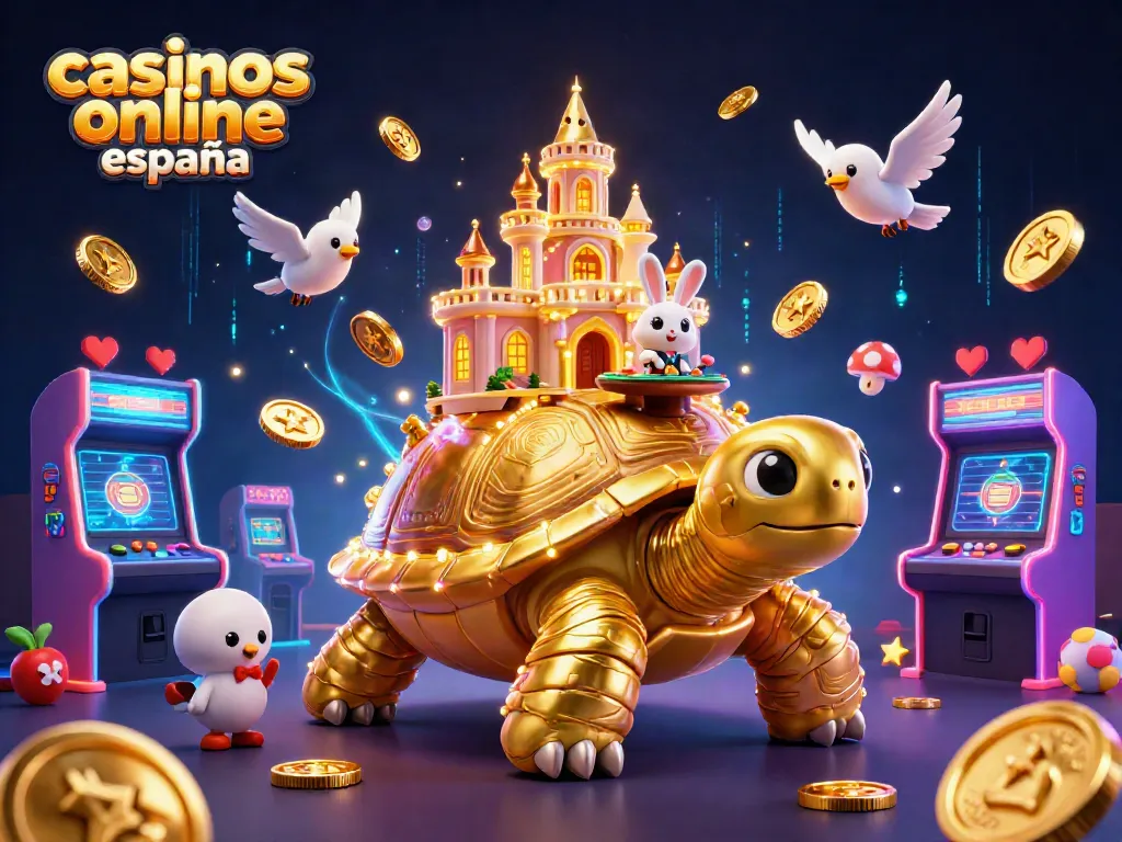 Disfruta de los casinos online España con una tortuga gigante y un crupier en un entorno vibrante.
