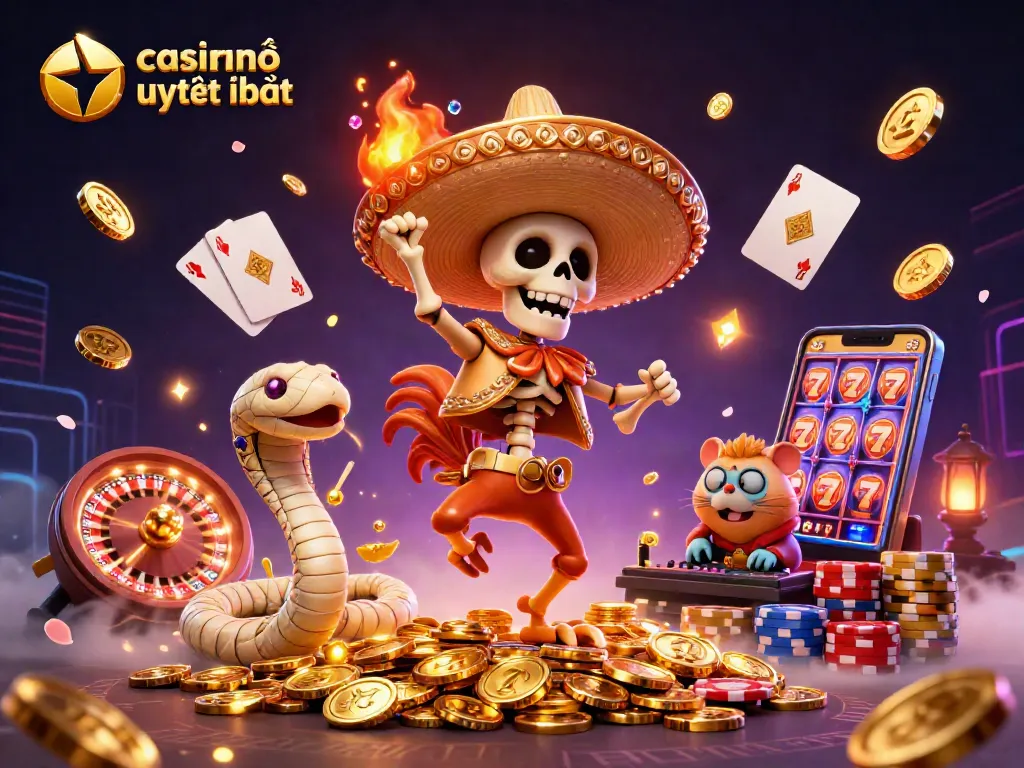 Cảnh tượng vui nhộn của con gà mariachi với xương vàng và sombrero đang nhảy múa trên đồng tiền vàng tại casino trực tuyến uy tín nhất