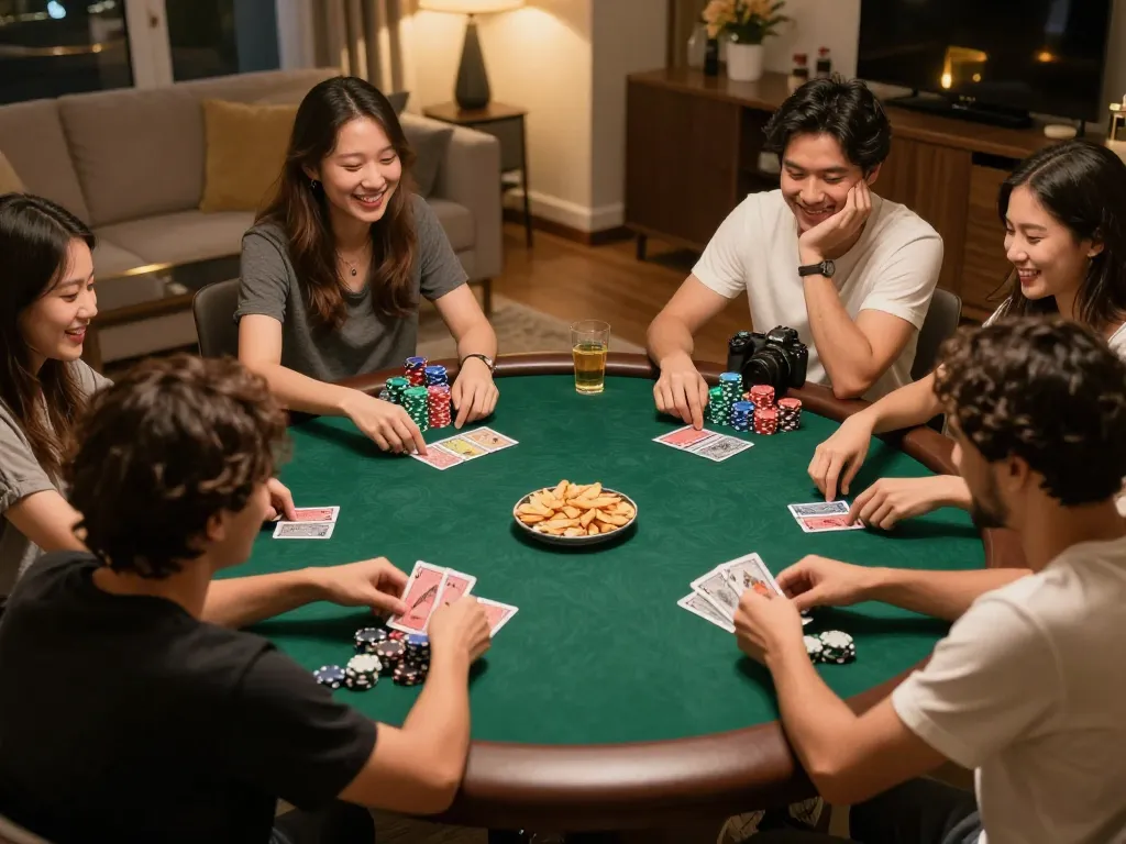 Cakhia TV poker night with friends enjoying a strategic card game, vibrant ambiance capturing the excitement