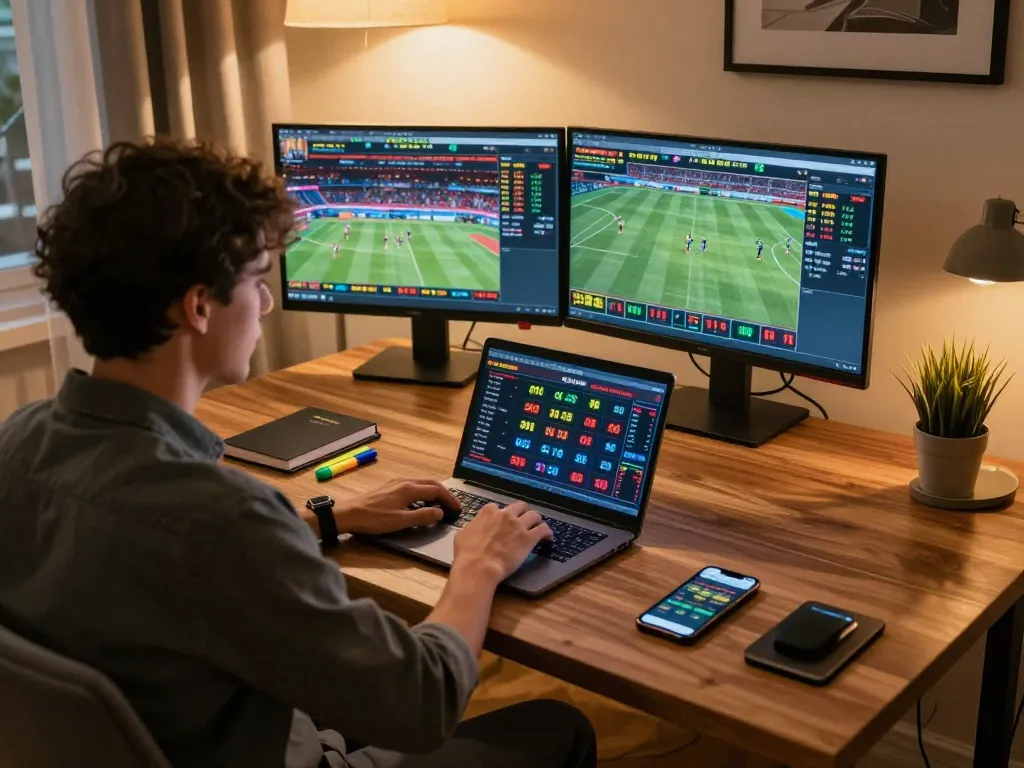 Gambler engaging in sports betting strategies on tg88 using dual monitors for optimal gameplay.