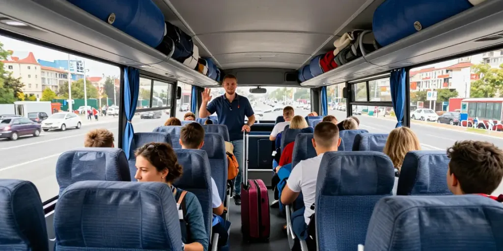 Livrare colete din Moldova în Europa cu autocare moderne plecând din centrul orașului, pasageri pregătiți de călătorie.