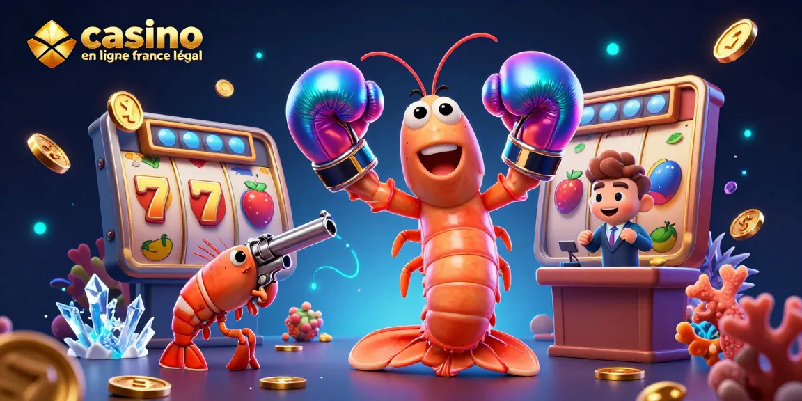 Illustration dynamique montrant le casino en ligne France légal avec des crevettes et des éléments de machines à sous.