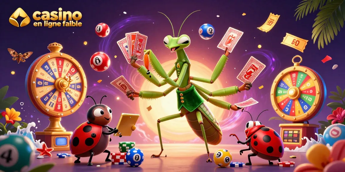 Visuel dynamique de casino en ligne fiable illustrant un caméléon géant, une coccinelle, et des éléments de loterie.