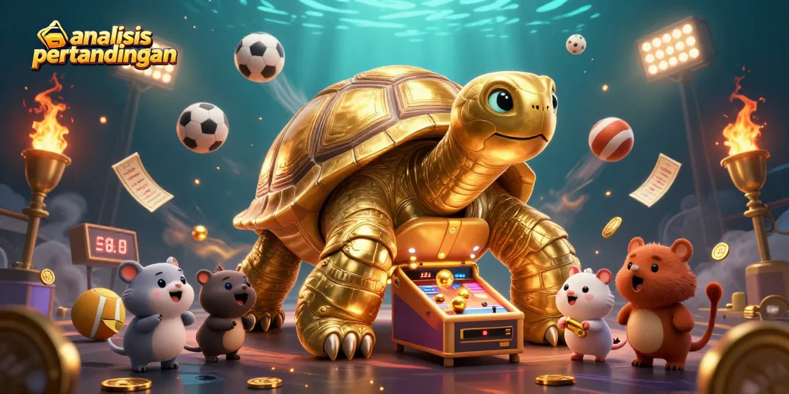 Analyze odds pertandingan in a vibrant sports betting scene featuring a colossal golden tortoise pinball.