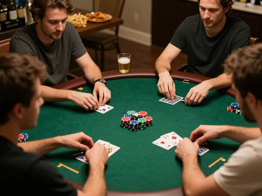 Players enjoy a friendly poker game at home, strategizing with MB88 chips and cards.