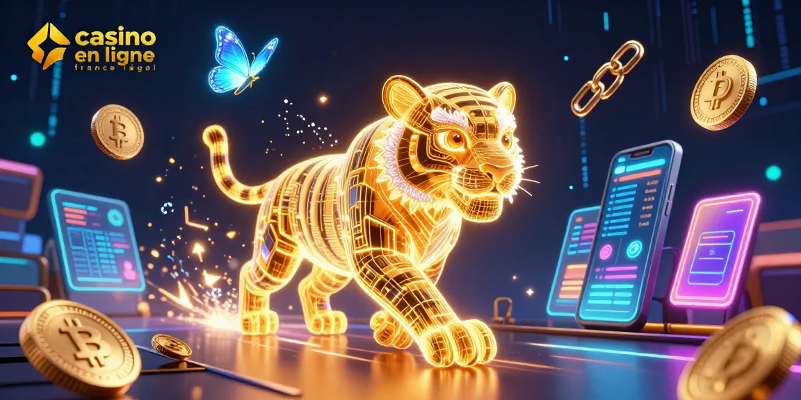 Plongez dans le monde du casino en ligne France légal avec ce tigre doré lumineux dans un paysage numérique.