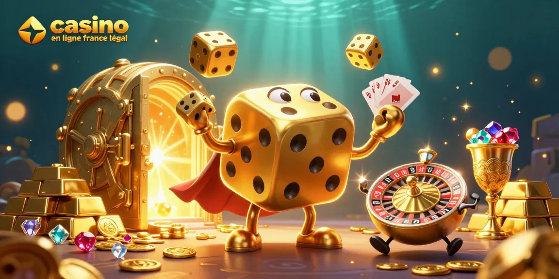 Profitez de l'univers des jeux avec le casino en ligne légal en France, illustré par un golem de dés dorés.