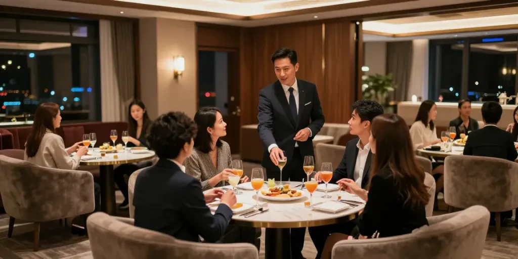 강남구구단 쩜오의 고급 독립 룸에서 손님과 매니저의 상호작용을 보여주는 분위기 있는 모습