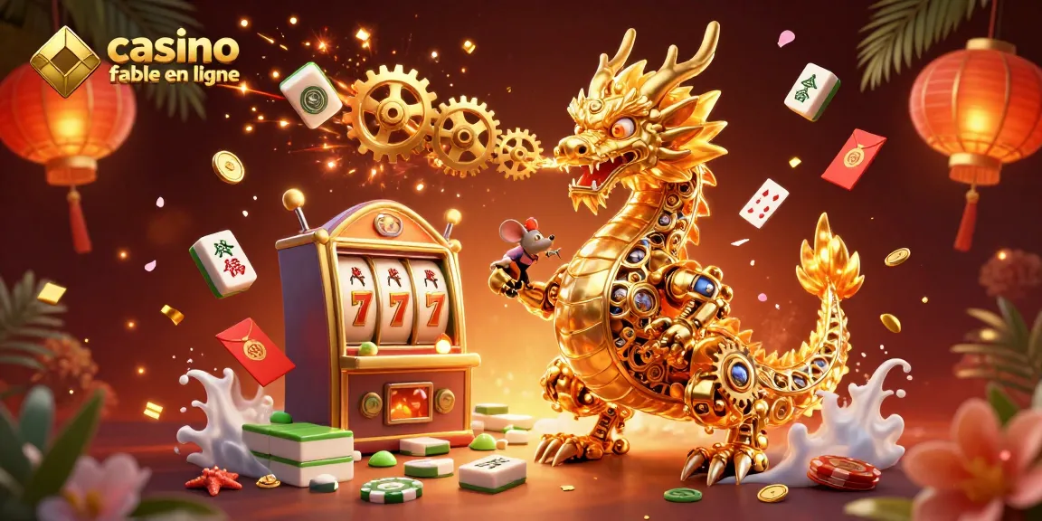 Illustration 3D d'un dragon doré mécanique, symbolisant casino fiable en ligne avec des éléments d'animation.
