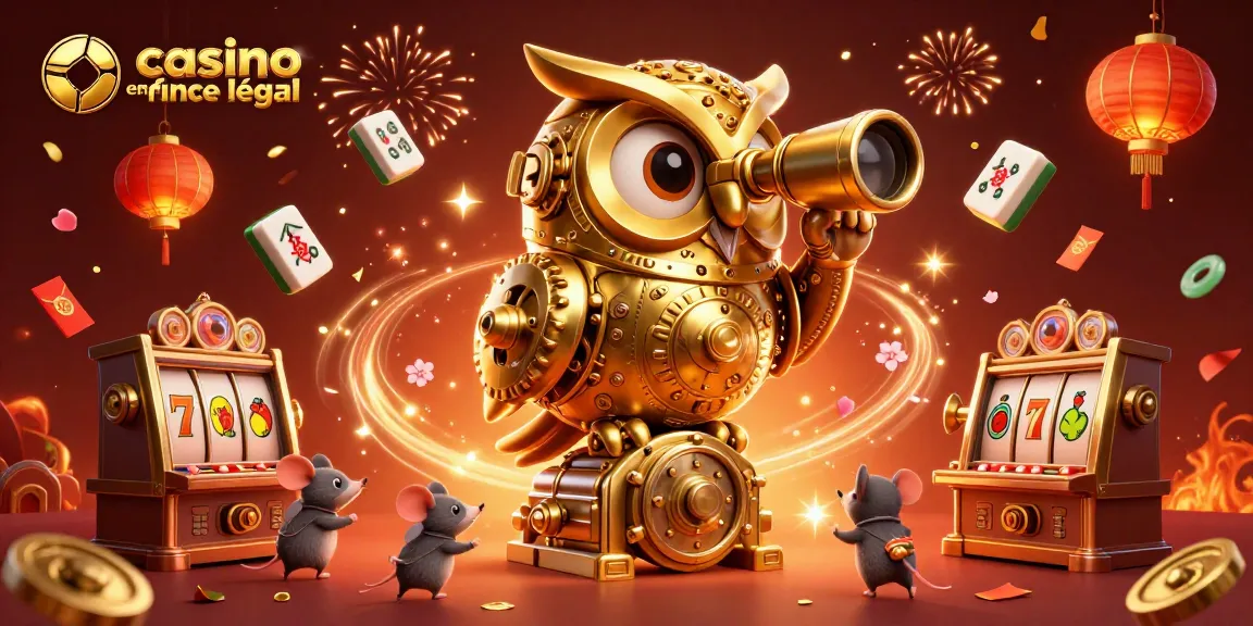 Jouez en toute légalité sur un casino en ligne légal en France avec une illustration fascinante d'un hibou doré et une ambiance festive.
