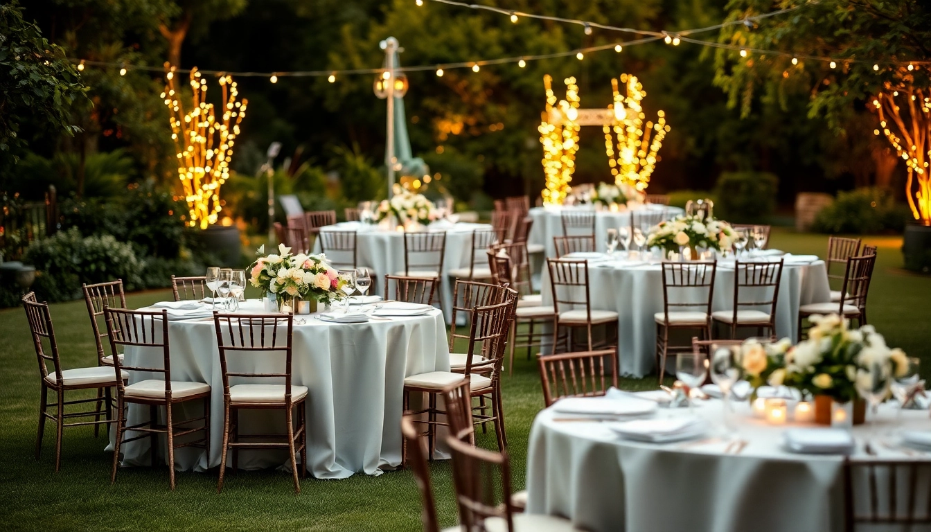 Exquisite outdoor wedding setup showcasing elegant Wedding & Event Rentals with floral decor and ambient lighting.